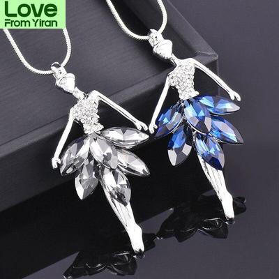 Eleganter Charme Tänzerin Zirkonia Blau Weiß Farbe Kleid Anhänger Lange Halskette Für Frauen Retro Modeschmuck