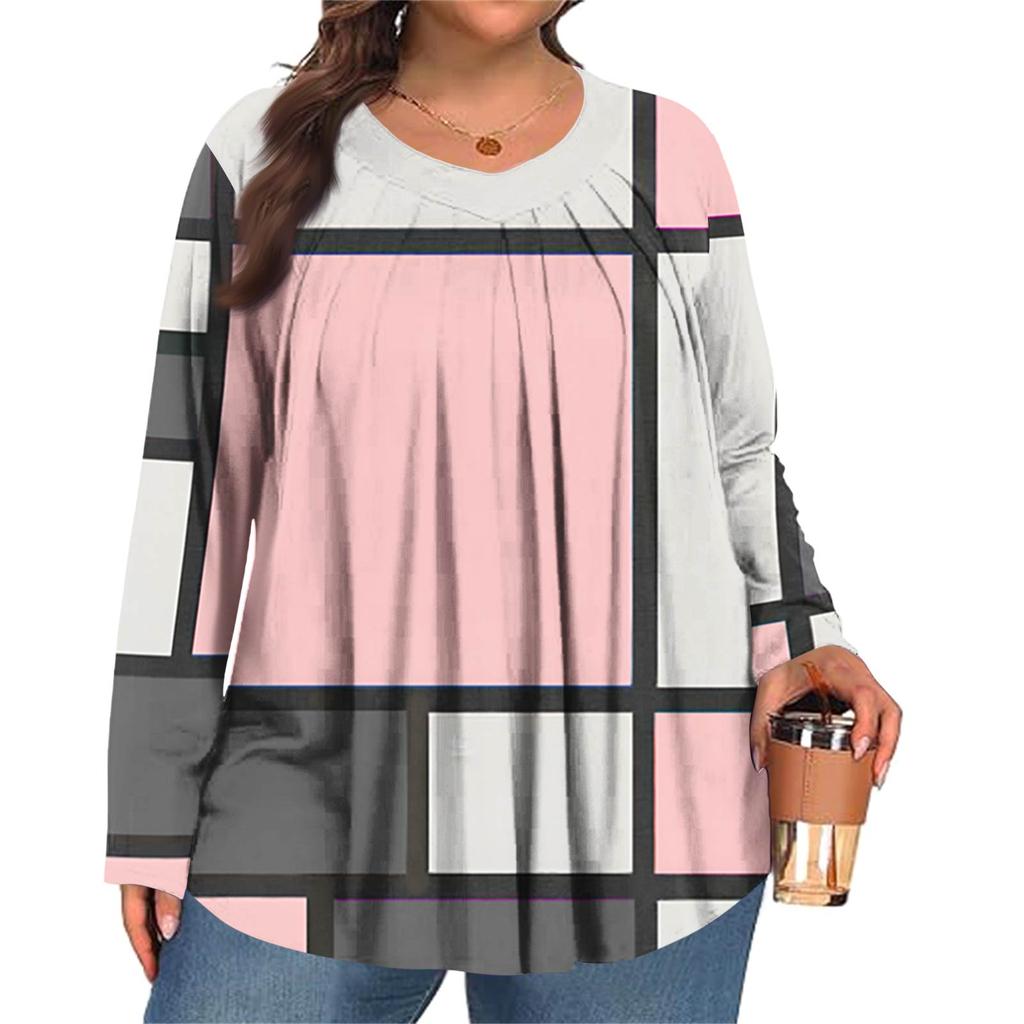 Women's Plus Size Fashion  Printed Casual Pleated Round Neck Long Sleeve Top