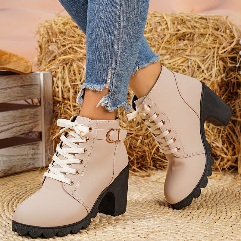 Plus Size Fashion Lace-Up Front Buckle Booties Women's Round Toe Platform Non-Slip Block Heels