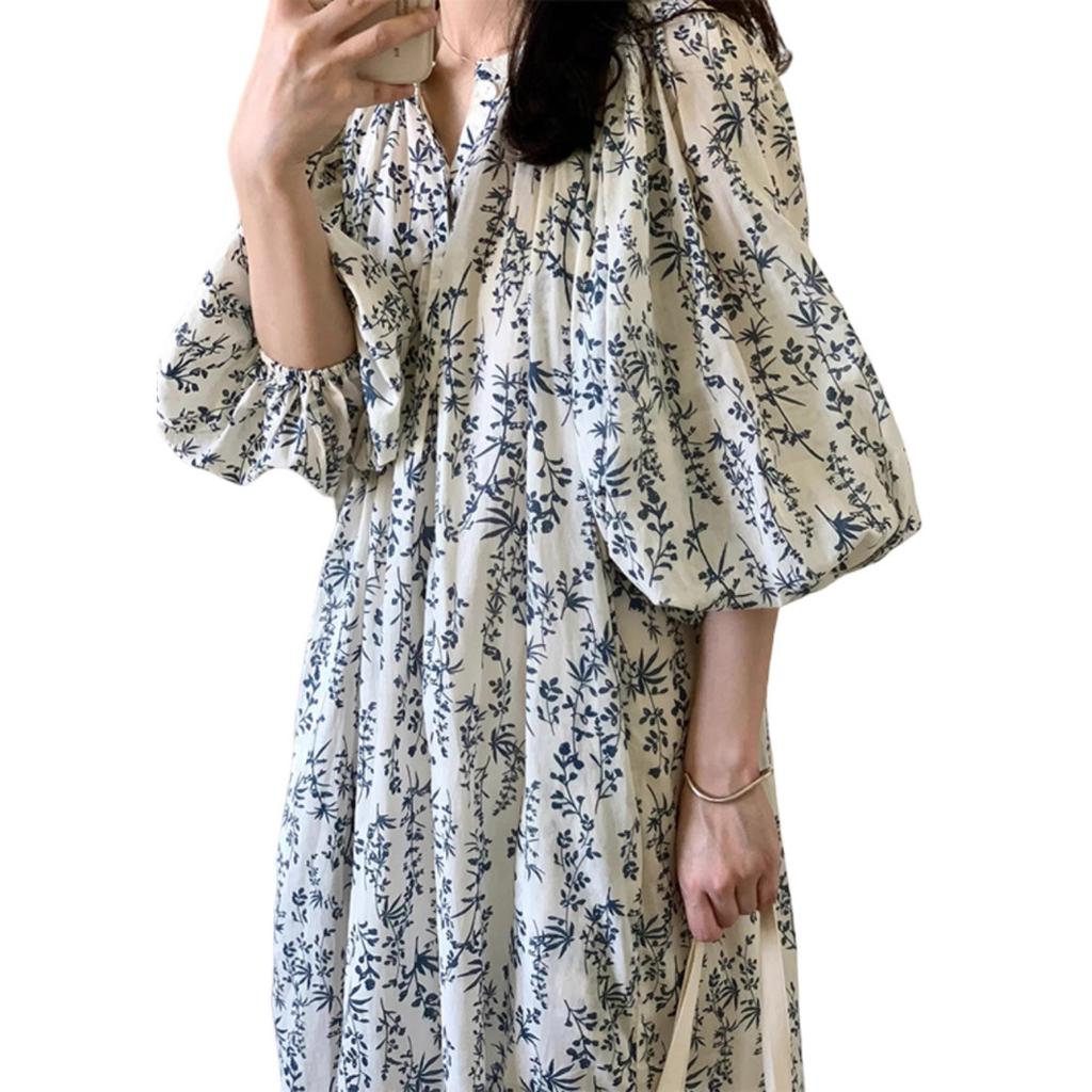 French Loose Age-reducing Dress for Women's Summer Foreign Style Age-reducing Gentle Temperament Lace-up Thin Floral Dress Wholesale