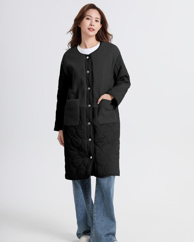 YAMANMAN Quilted Long and Long Outerwear with Contrast and Fabric and Perfect for Cold Free Women's Coat, Padded, Docking, Comfortable, Lightweight,