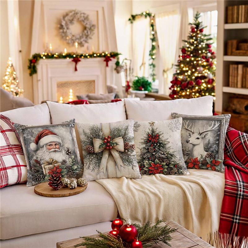 Retro Christmas Photo Frame Pillow Cover Elk Golden Bell Home Sofa Decoration Cushion Cover Bedside Cushion