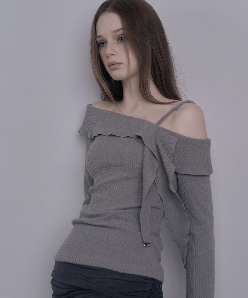 DAMIO Ruffle Draped Off Shoulder Knit Top (Gray)