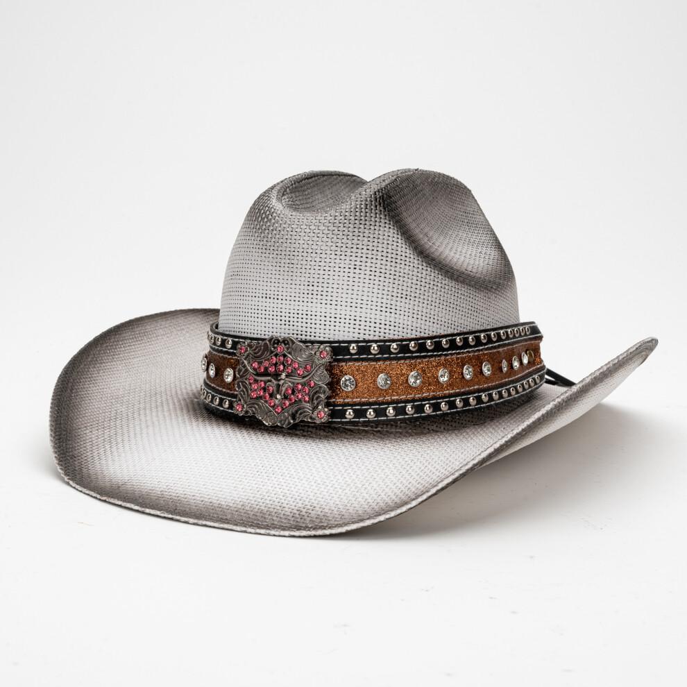 (M, White) Straw Sun Hat Breathable Western Style Cowgirl Hat Stylish Bull Head Belt Wide Brim Beach Cap