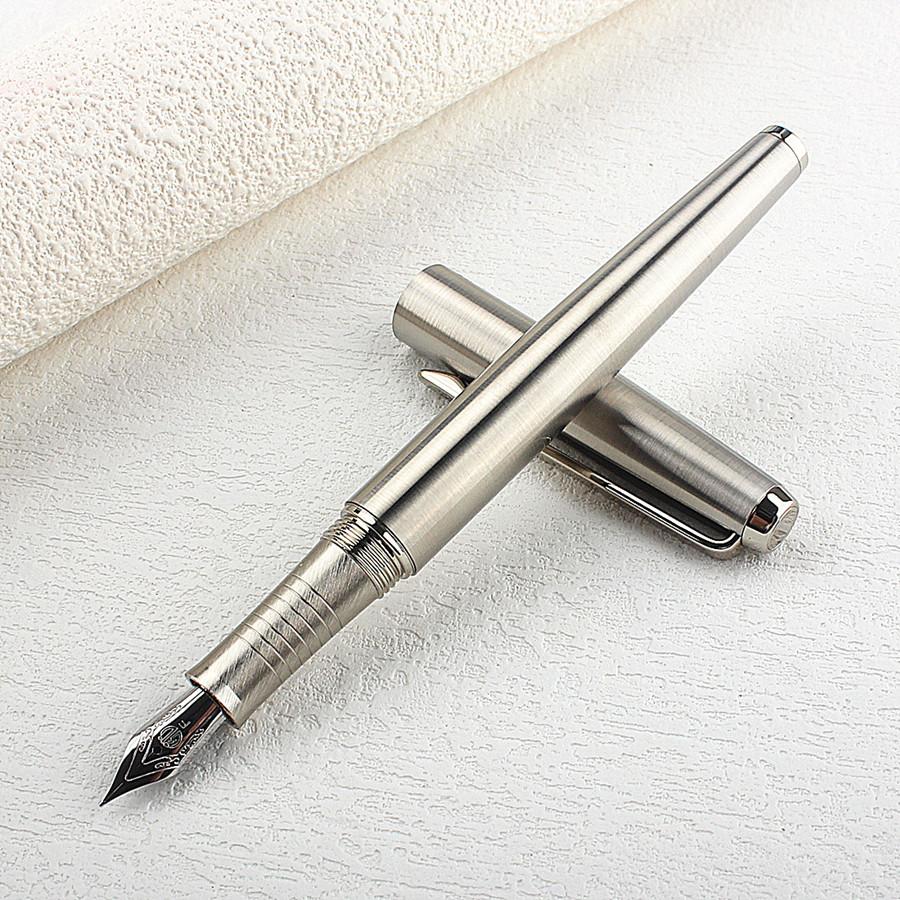 HongDian Metal Stainless Steel Fountain Pen Fine Nib 0.38mm Bright Silver Excellent Writing Gift Ink Pen for Business Office