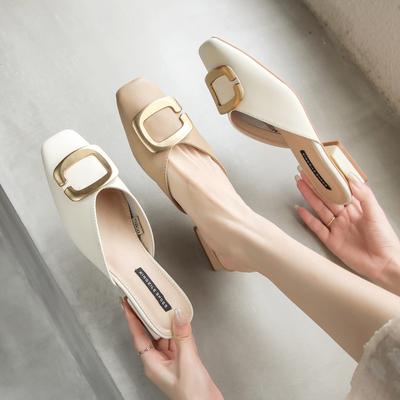 Leren tas hoofd sandalen dames dikke hakken ins half-sleep luie schoenen modieuze bovenkleding 2025 zomer nieuwe coole slippers