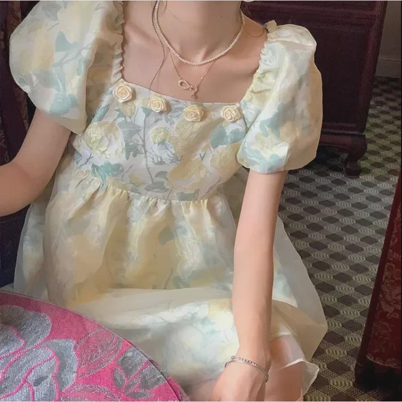 2025 Summer Women's Floral Puff Sleeve Square Neck Dress - Waist-Hugging Princess Style