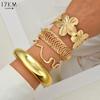 4Pcs/Set Metal Embossed Flowers Lines Bangles for Women Ladies Simplicity Exaggerated Bracelets Set Vacation Jewelry Accessories