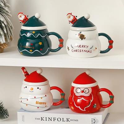 Weihnachtsbecher Neujahrsgeschenk-Dekorationsset Trinkgeschirr Partydekoration Kaffeetasse mit Deckel Löffel Cartoon Niedliche Keramiktasse Teetasse