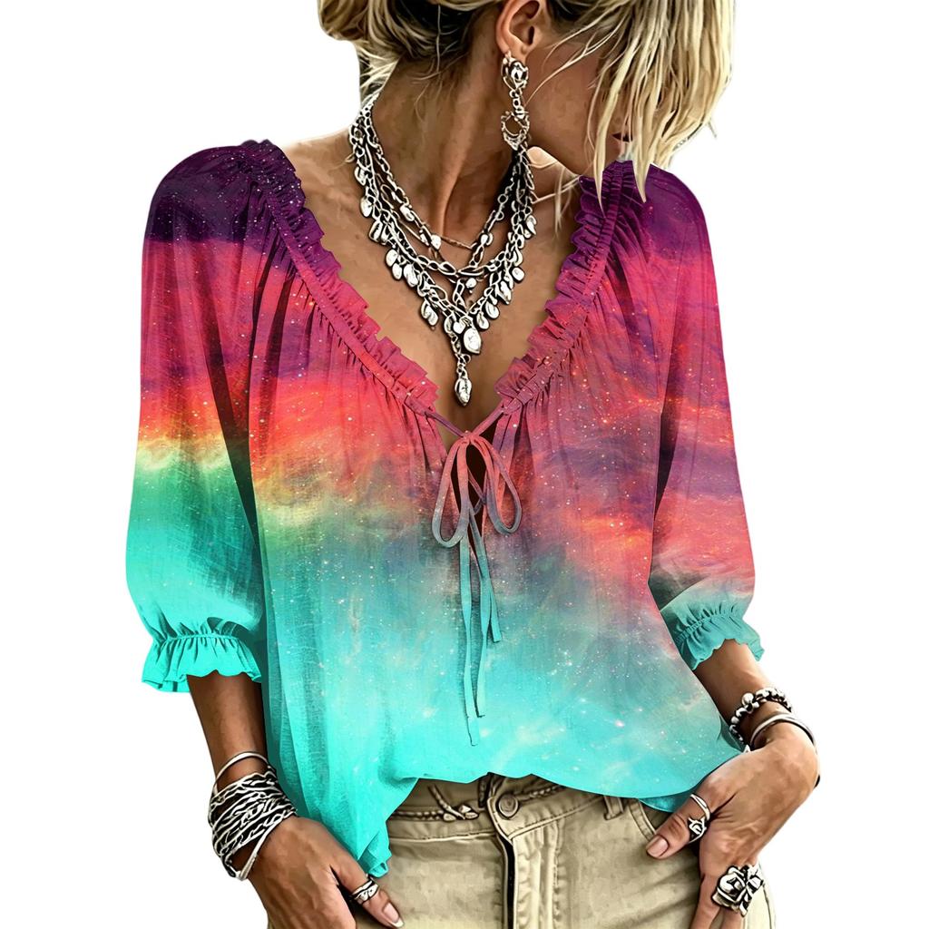 Women's V-Neck Plaid Print Blouse with Ruffle Trim and Tie Front