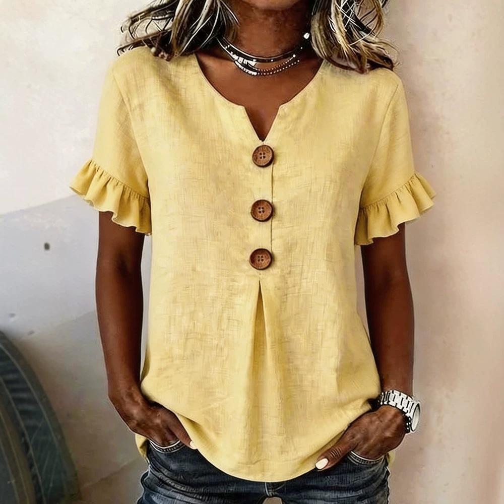 Women Solid Color V Neck Short Sleeve Button Casual T Shirt Top