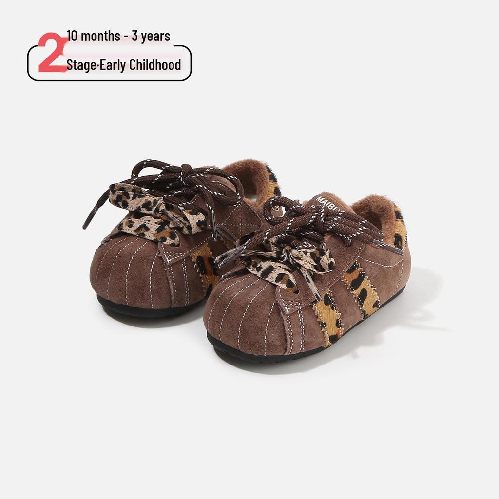 2025 Winter Leopard Print Retro Cotton Baby Shoes - Velvet Lined, Warm, Versatile, Casual German Training Design