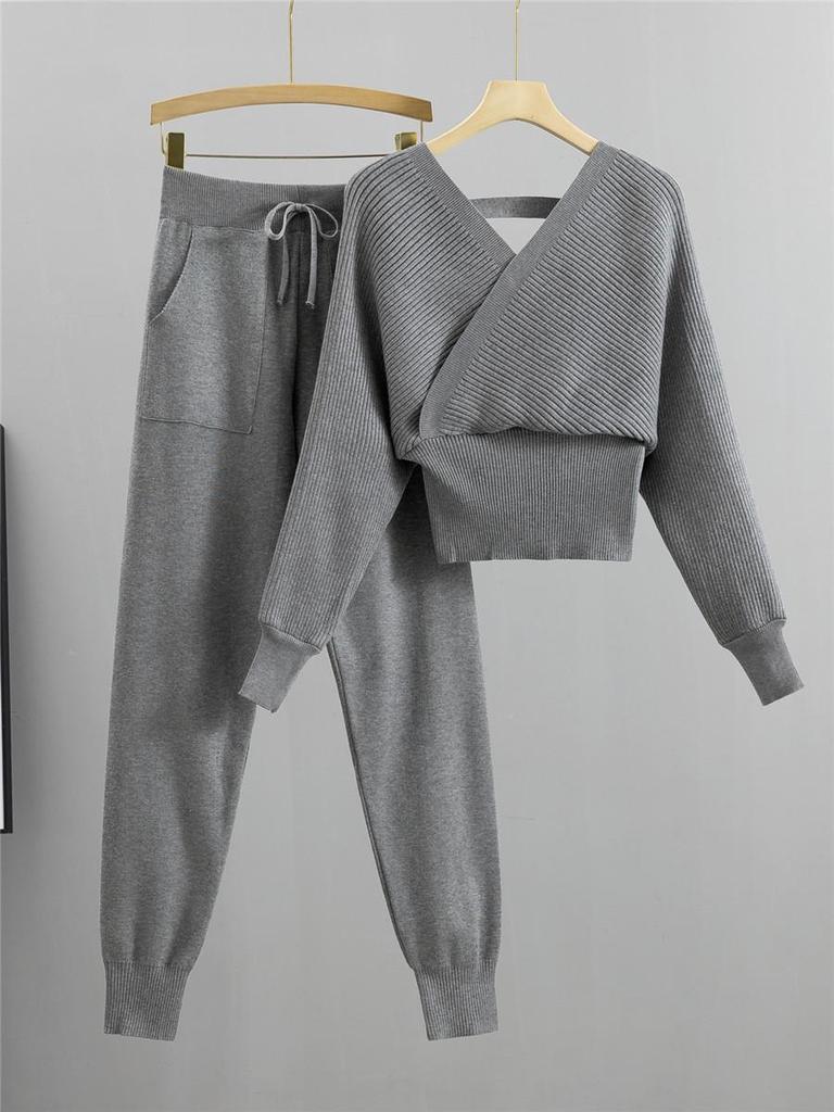 Korean Petite V-Neck Off-Shoulder Knit Two-Piece Set for Women - Autumn/Winter