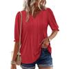 Solid Color V Neck Puff Sleeve Loose Casual Five Quarter Sleeve T Shirt