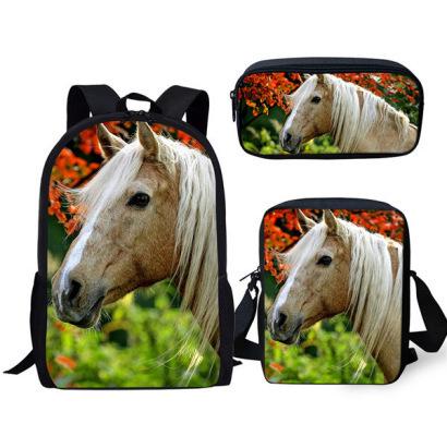 Grasland Pferdemuster dreiteiliges Rucksack-Federmäppchen-Umhängetaschen-Set lässig 3D-bedrucktes Rucksack-Set