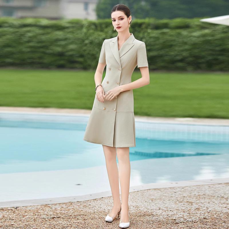 Chic Double-Breasted Slimming Summer Work Dress with Suit Collar and Short Sleeves