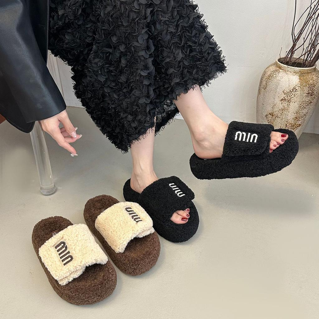 Thick Bottom Fluffy Slippers Women Wear 2025 New Autumn and Winter Lamb Fluffy Internet Celebrity Fashion Home Cotton Slippers
