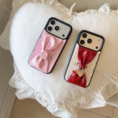 Cute Bow Kitty Phone Case For iPhone 17 Pro 16 15 14 Pro Max with Heart Pendant Leather Shockproof 16 17 15pro Protective Cover