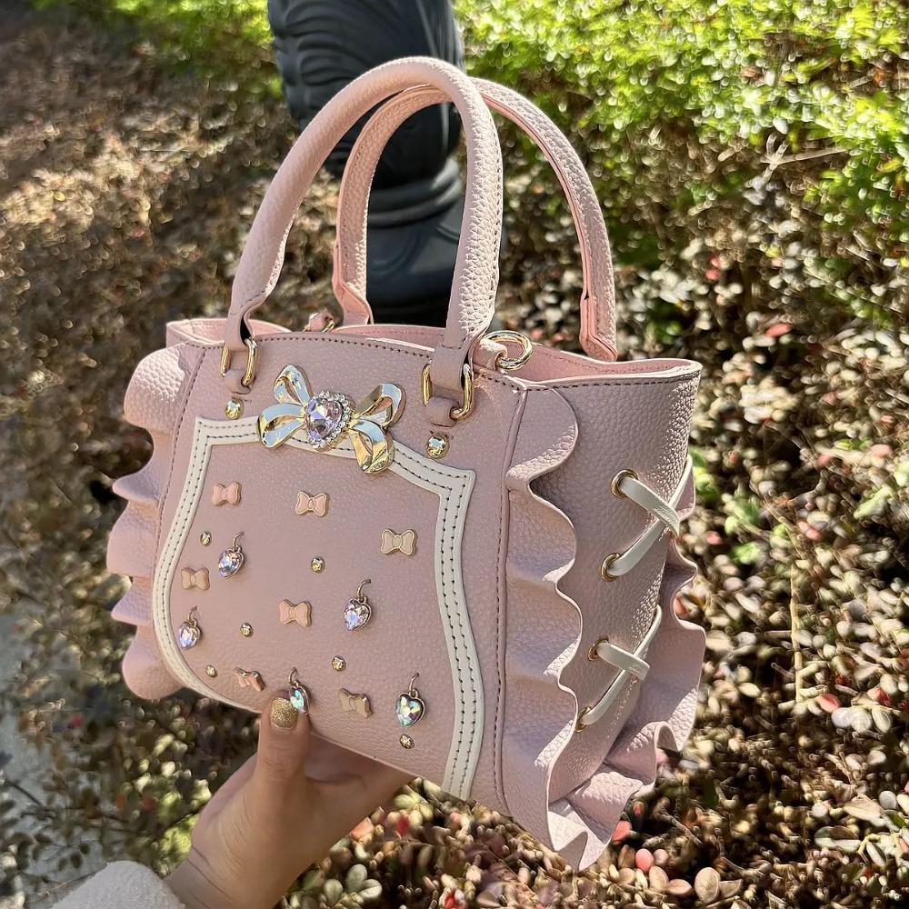 2026 Lolita Jewel Bow Sac Femme Square Tote Bag Sweet Bolso Beautiful Hand Bags for Woman Hit Color Zipper Bolsos Mujer
