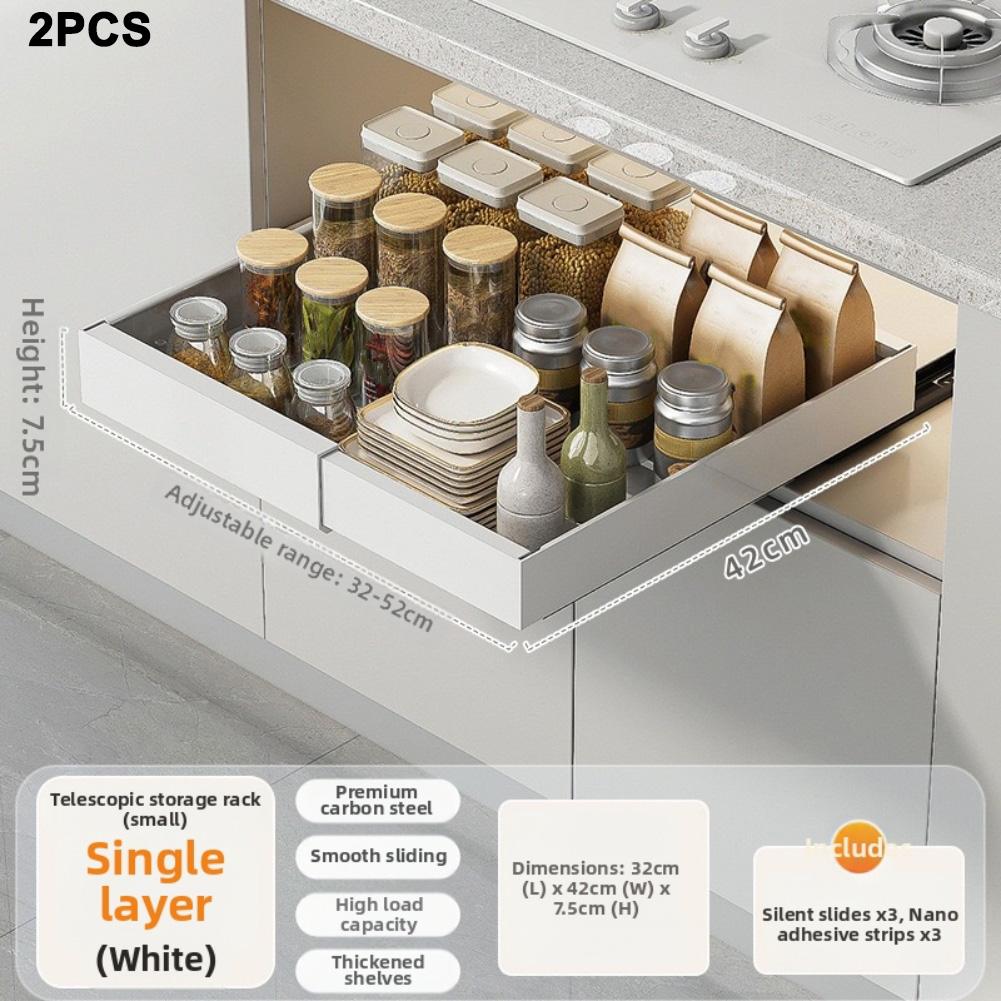 2 Pcs Extendable Cabinet Drawer 32*42*7.5cm Shelves Pull-out Basket Storage Pull-out Rack Home Kitchen Cabinet Storage Holder