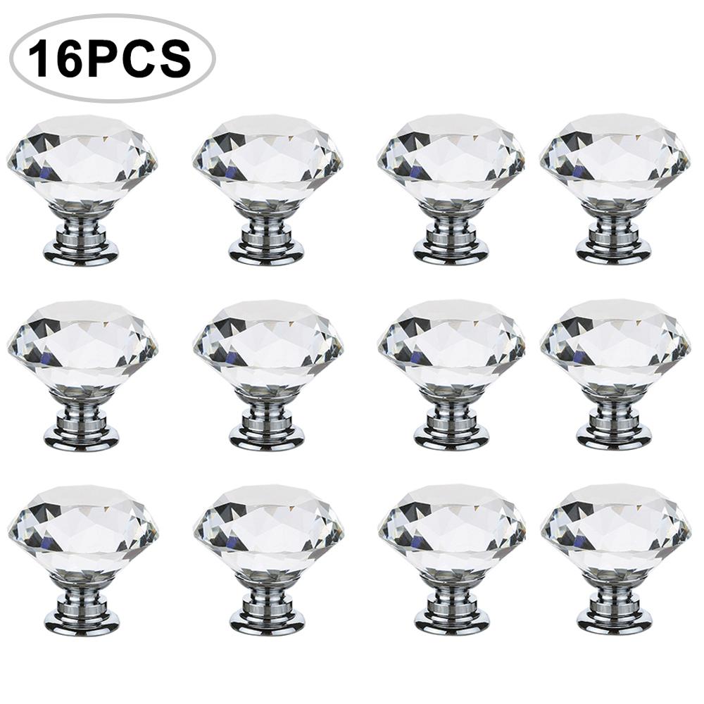 

16Pcs Diamond Furniture Door Knobs Crystal Glass Pot Cover Handles 30mm Cabinet Pull Decorative for Dresser Cupboard Wardrobe