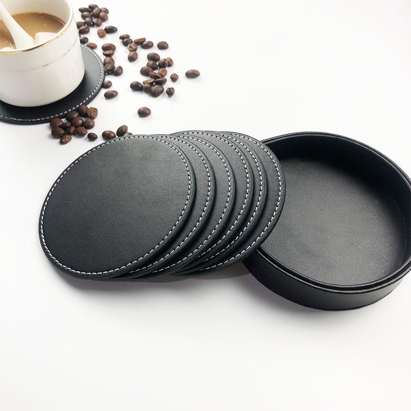 Custom PU Leather Tea Coasters with Hand-Sewn Edges and Insulation Pad, Featuring Your Enterprise Logo.