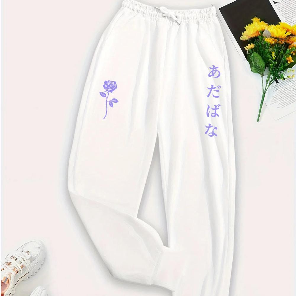 

Purple Flower Letter Print Casual Versatile Women Pant Fashion Trendy Hip Hop Trousers With Drawstring Pockets Sweatpants Female XS белый