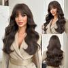 Middle East Cool Brown Big Waves Wig for Women - Air Bangs Long Curly Hair, Heat Style Trim Ready, European American Daily High Quality