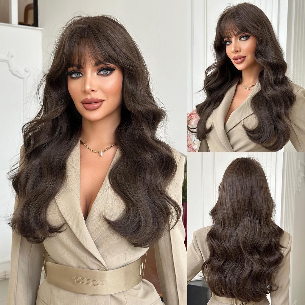 Middle East Cool Brown Big Waves Wig for Women - Air Bangs Long Curly Hair, Heat Style Trim Ready, European American Daily High Quality