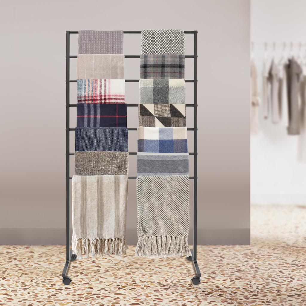 Multi-Use 7-Tier Rolling Rack for Scarves, Apparel, Accessories, Modern Rectangular Display Stand with Wheels, Storage Organizer
