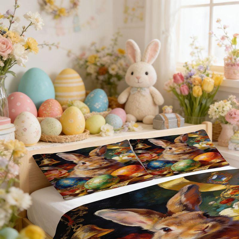 Bedding Pillowcase Quilt Cover 3-Piece Bunny With Gorgeous Egg Flower Pattern,Easter Decoration
