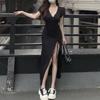 Pleated v-neck dress summer new waist thin drawstring sexy split fork foreign style hip wrap long skirt