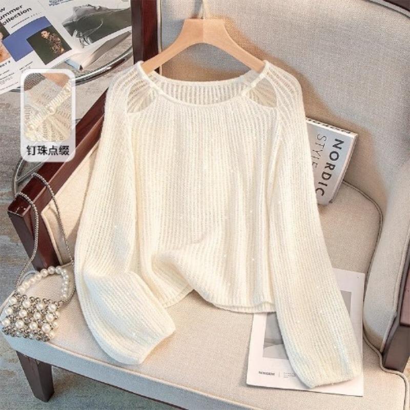 Large Size Crew Neck Knitted Sweater Thin Early Autumn New Women's Clothing Loose Sweet Hollow Top Long Sleeves