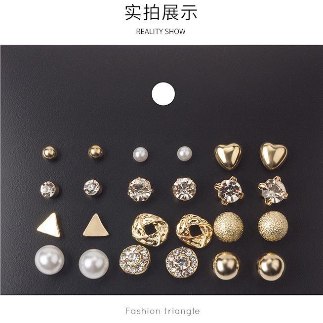 

Корейская версия популярных серег-гвоздиков с жемчужно-цирконовой картой, 12 пар металлических геометрических сережек, набор сережек-гвоздиков золотой