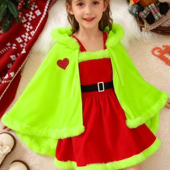 Girls Christmas Cape Dress with Fur Trim Red Holiday Performance Costume for Toddlers 1-6 Years Fancy Party Dress Accessory
