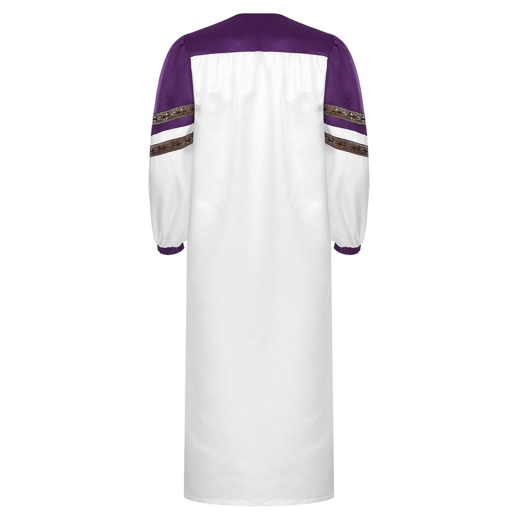 Mens Choir Robe Halloween Cosplay Theme Party Costume V Neck Embroidered Stripes Long Sleeve Clergy Gown