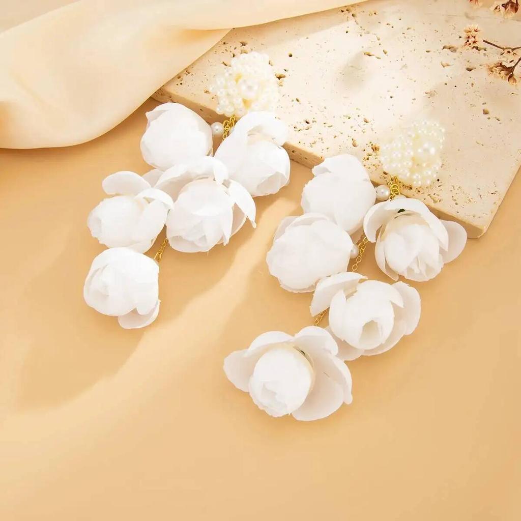 IngeSight.Z Exquisite White Flower Long Earrings Imitation Pearl Crystal Dangle Earrings for Women Fashion Party Wedding Jewelry