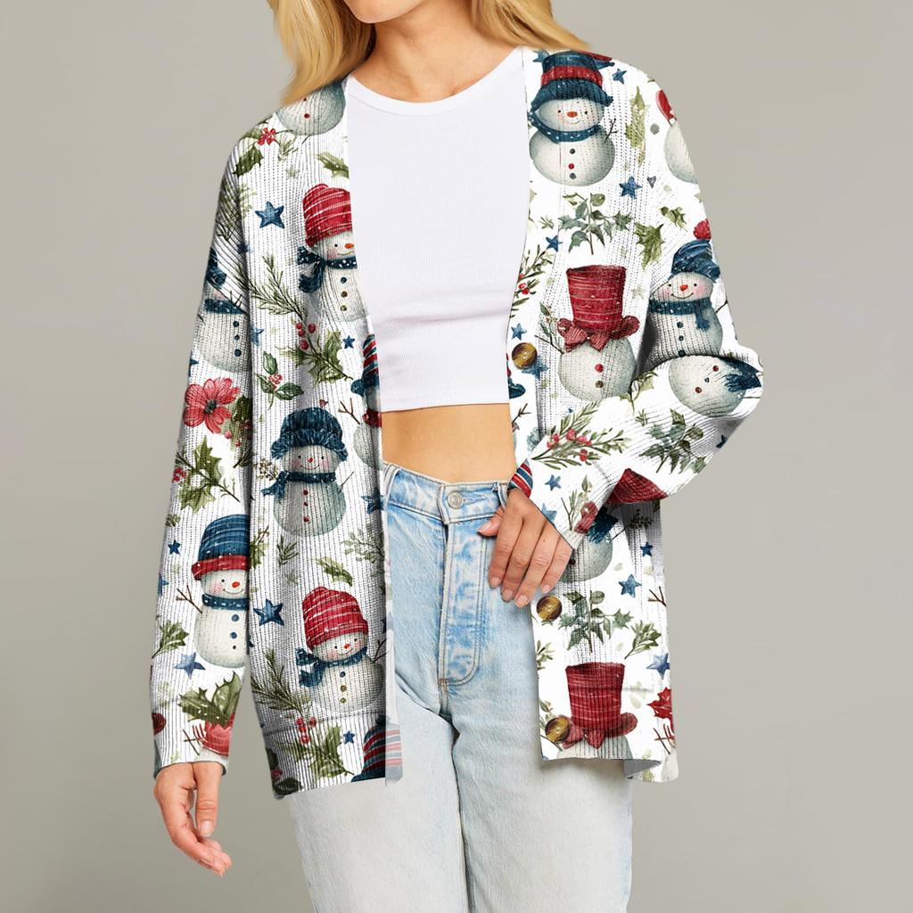 Women's Fashion Long Sleeve Print V-Neck Button Loose Cardigan Top