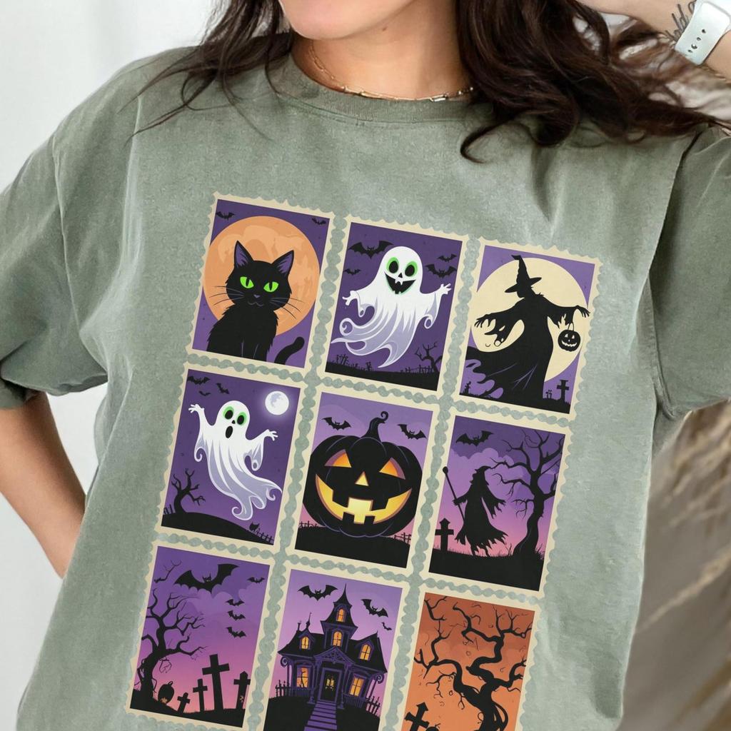 Halloween Stamp Grid T-shirt, Spooky Season Tee, Trendy Halloween Shirt, Unisex Halloween Top, Halloween Apparel
