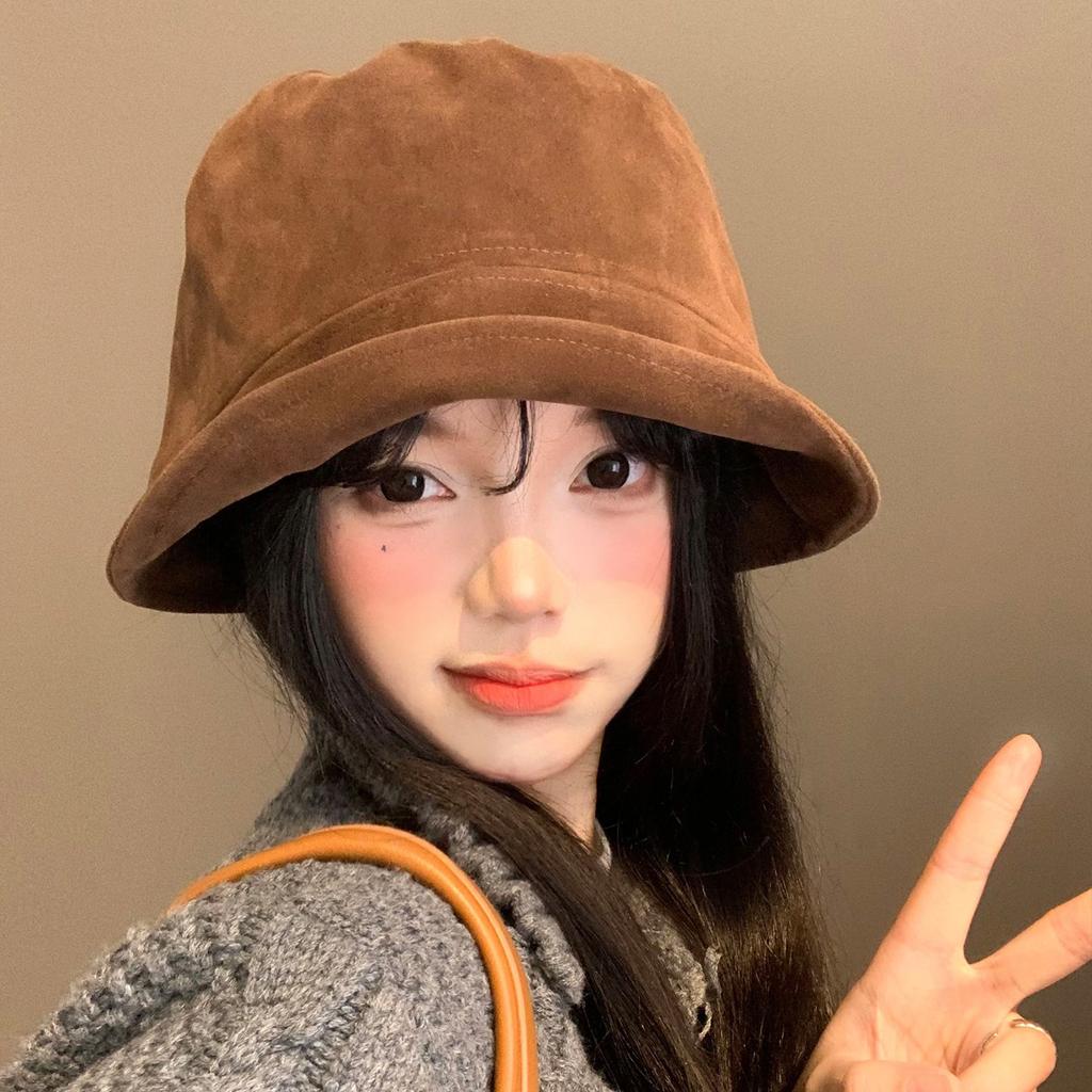 Suede Fisherman Hat Women's Maillard Retro Face Enhancing Small Bucket Versatile Head Circumference Coffee Colored