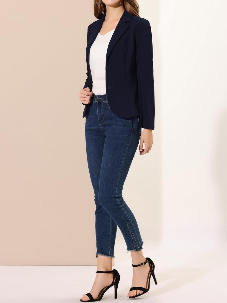 Allegra K Women's Navy Blue Suit Blazer, Stretch, for Business, Commuting, and Office Use, Size XS