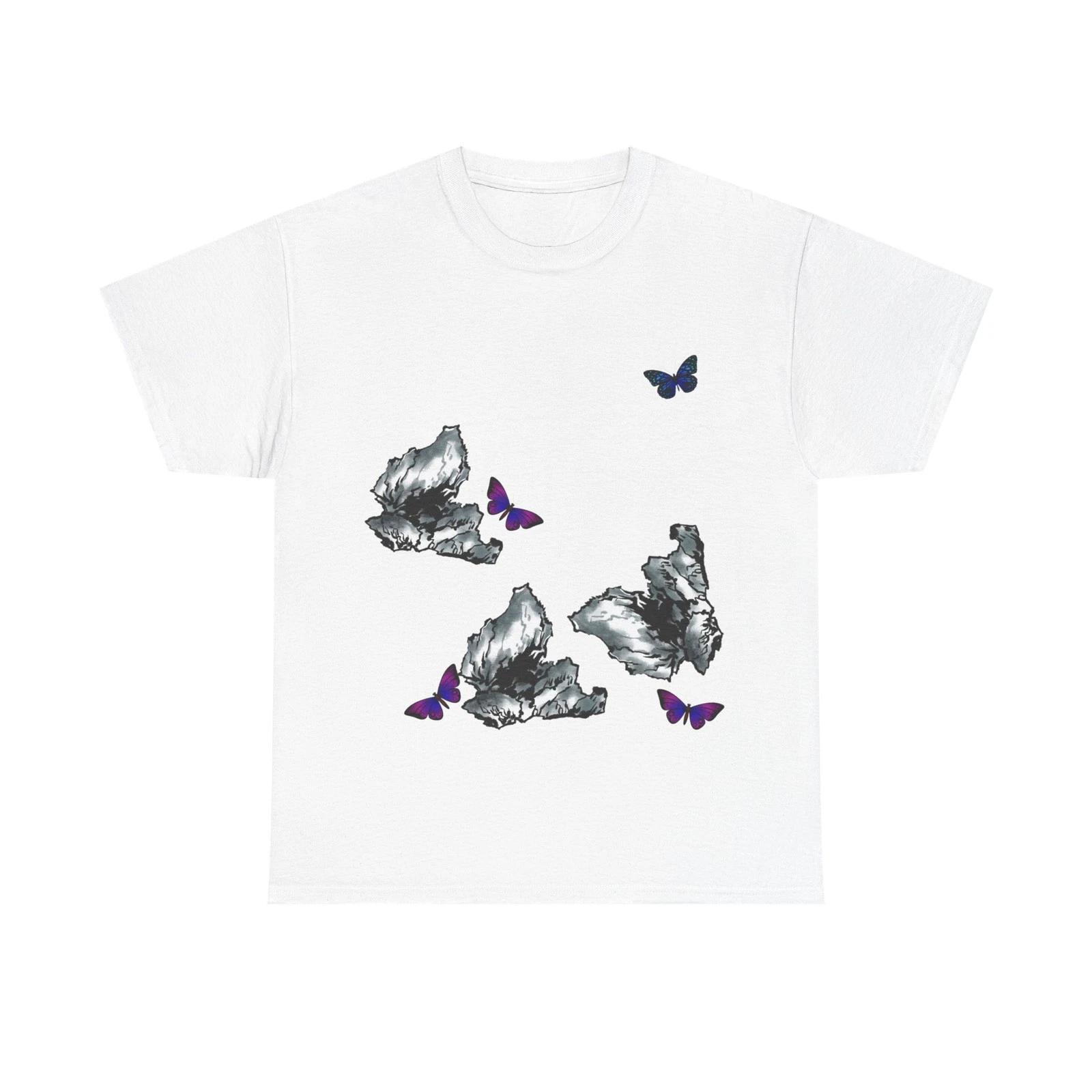 Purple Blue Butterfly Ink Art Graphic Tee White Unisex T-Shirt Aesthetic S-3XL S