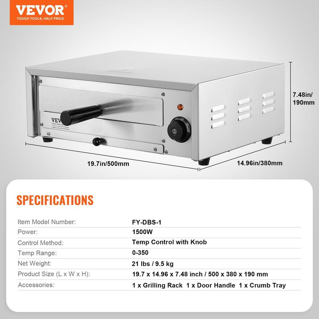 Electric Pizza Oven 12-inch 1500W 122-662℉ Temp Range Removable Crumb Tray