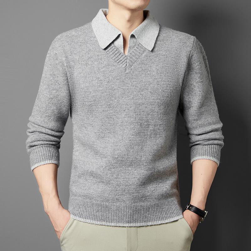 Autumn Winter New Men'S Contrast Color Lapel Fake Two Piece Sweater Original Design Minimalist British Style Knitwear Men'Swear