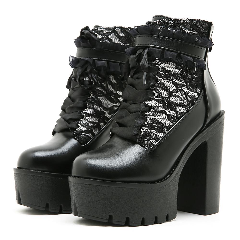 Gdgydh Gothic Lace Patchwork High Heel Ankle Boots For Women Zipper Chunky Heels Platform Short Boots Nightclub Shoes Autumn