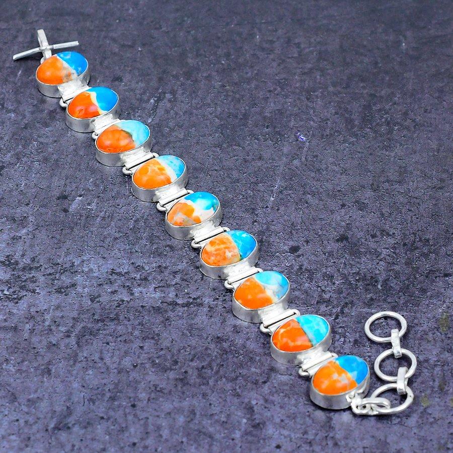 Natural Spiny Oyster Gemstone Handmade 925 Sterling Silver Bracelet 7-8" ETC-14470