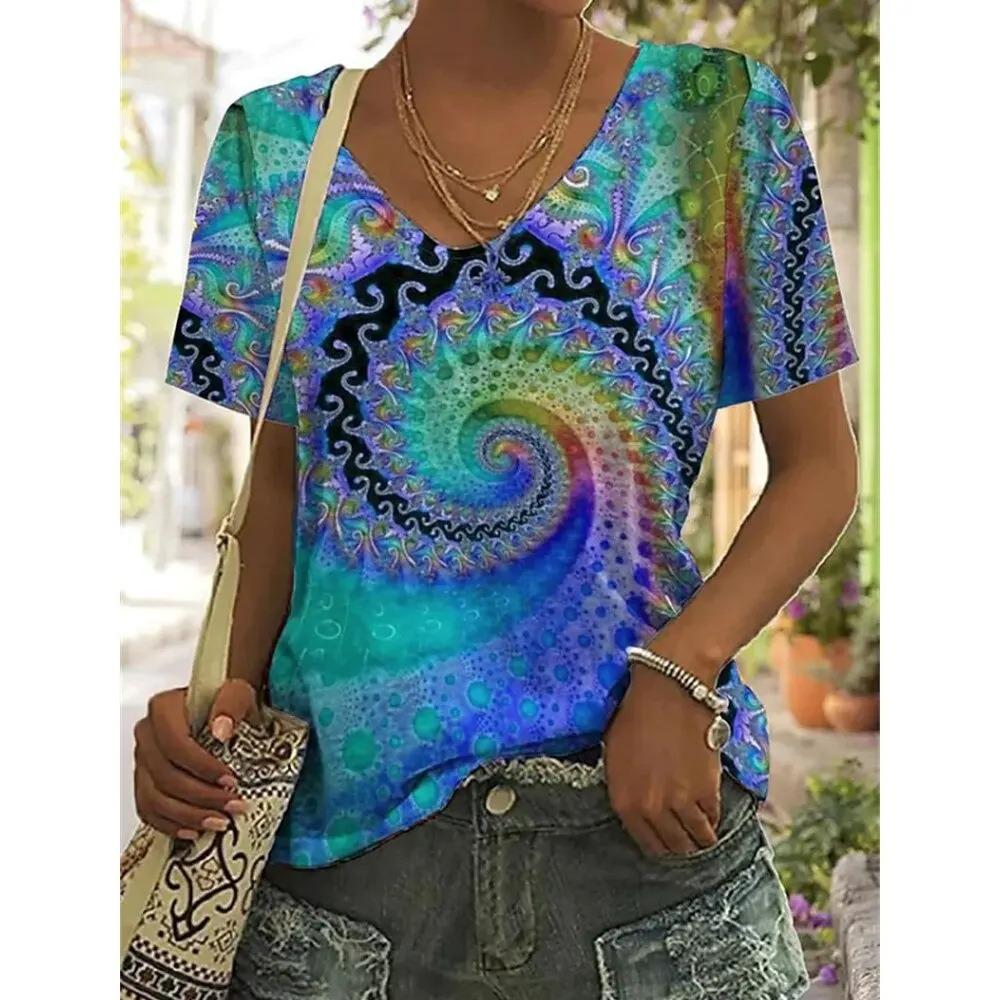 Rotating Visual Illusion 3D Printing Women's Casual Short Sleeved V-neck T-shirt