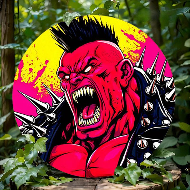 

2d Flat 20*20cm Circular Wooden Sign in Red and Yellow Comic Style A Spiky Monster, Rustic Wooden Mural, Bohemian Modern, for Home, Garage, Restaurant 20*20cm