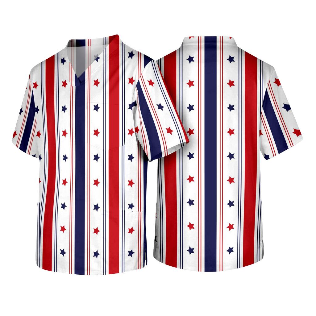 Men's V Neck Short Sleeve Medical Scrub Top with Chest Pocket Independence Day Print Casual Workwear for Healthcare Professionals