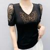 New European Clothes Women's Summer Rhinestone Butterfly T-Shirt Sexy V-Neck Casual Tees Puff Sleeve Tops